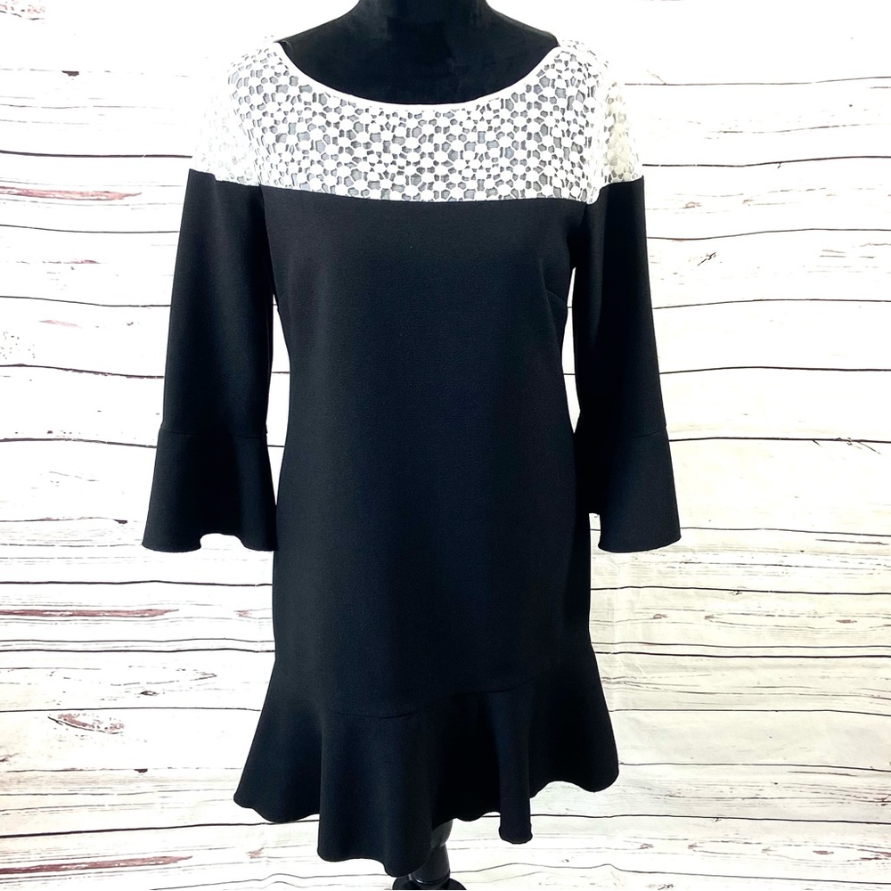 Karl Lagerfeld Dress Women’s 10 Black/White‎ Ruffle Hem Bell Sleeves Lace Top.